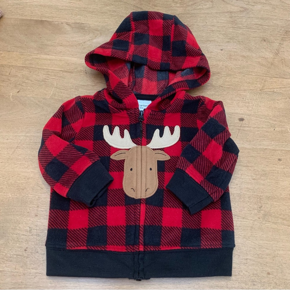 Carterās Baby Hoodie Buffalo Plaid with Moose AppliquĆ© Size 0-3 months